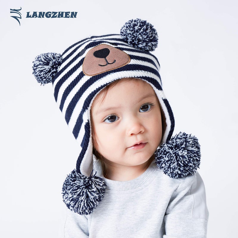 LANGZHEN Toddler Kids Infant Winter Hat,Earflap Knit Warm Cap Fleece Lined Beanie for Baby Boys (Bear -Navy Stripe, L(50-52CM/19.69"-20.47")) - Image 3
